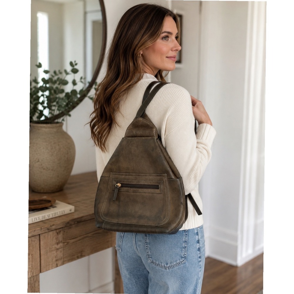 Tignanello Dark Brown‎ Leather Sling Backpack Teardrop Triangle Bag Womens